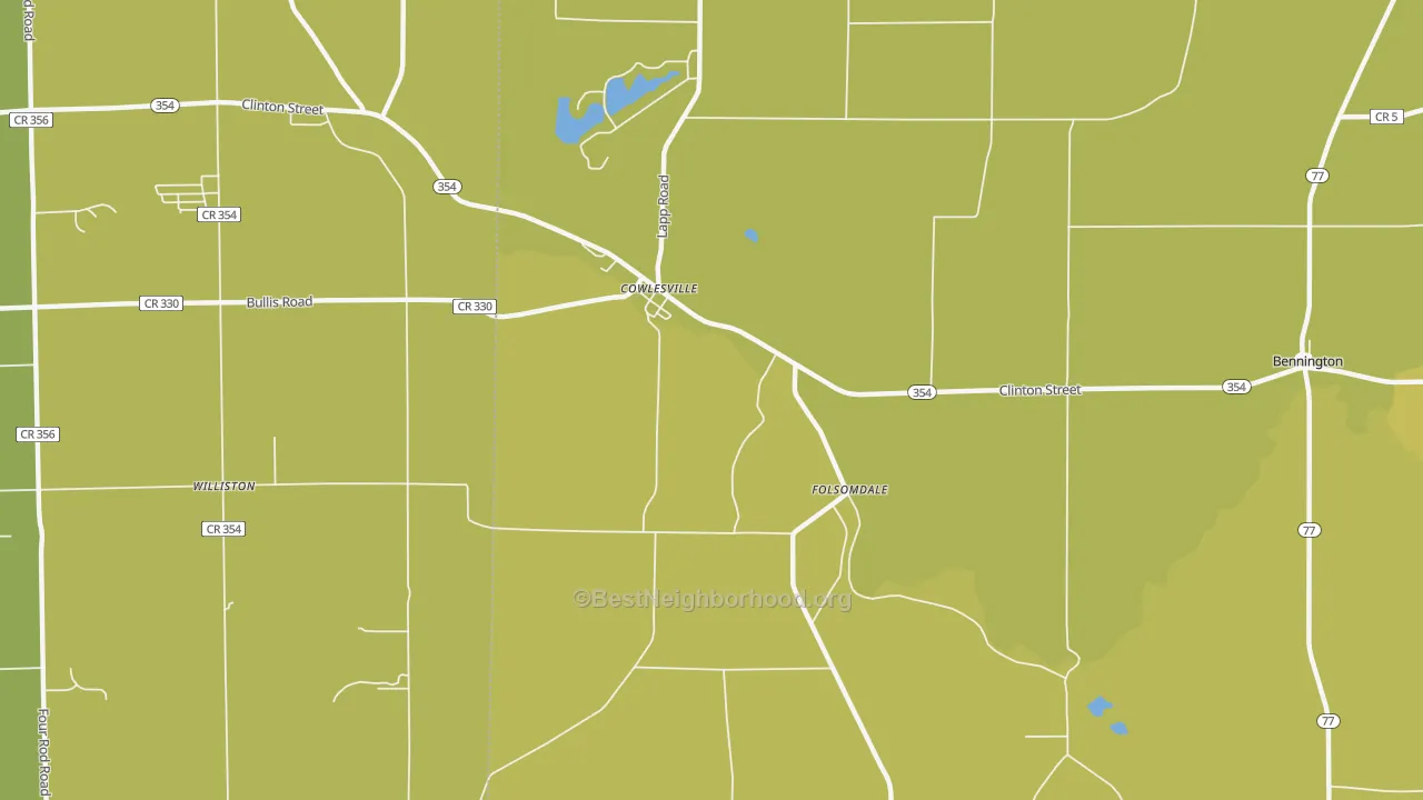 Map of the best neighborhoods in the Folsomdale area, with better matches in green and worse matches in red