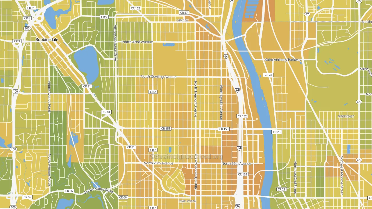 Map of the best neighborhoods in the Folwell, Minneapolis area, with better matches in green and worse matches in red