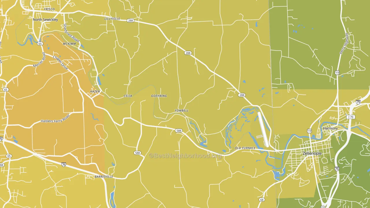 Map of the best neighborhoods in the Fombell area, with better matches in green and worse matches in red