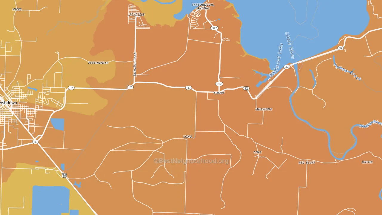 Map of the best neighborhoods in the Fomby area, with better matches in green and worse matches in red