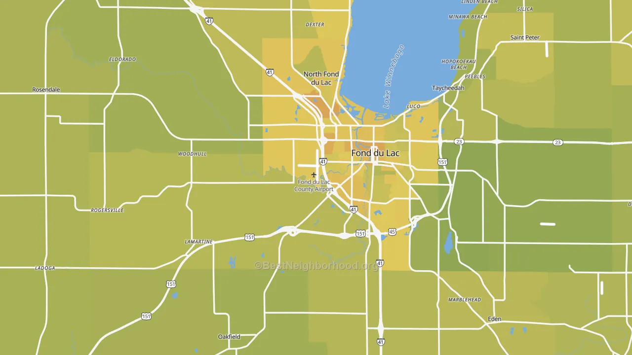 Map of the best neighborhoods in the Fond du Lac County area, with better matches in green and worse matches in red