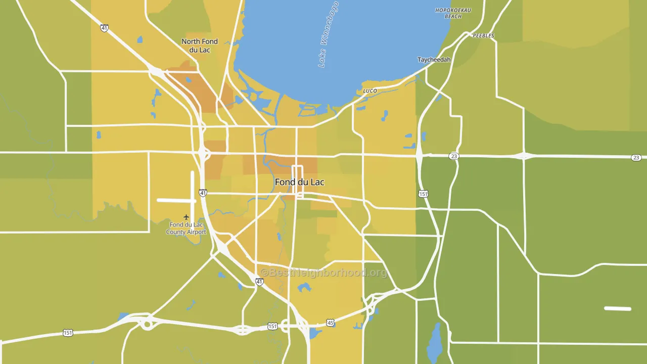 Map of the best neighborhoods in the Fond Du Lac Metro area, with better matches in green and worse matches in red