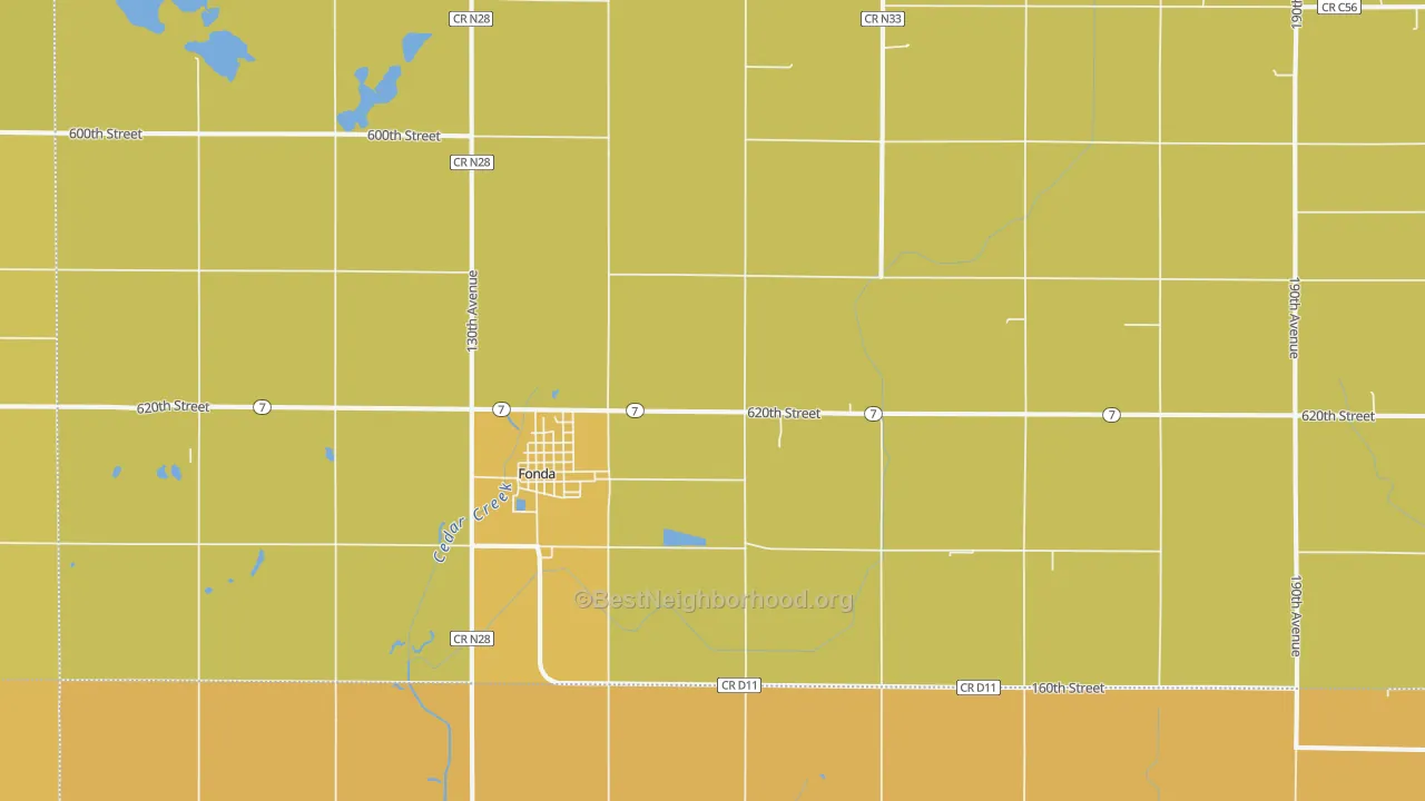 Map of the best neighborhoods in the Fonda area, with better matches in green and worse matches in red