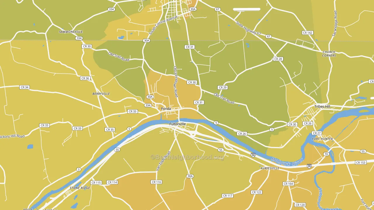 Map of the best neighborhoods in the Fonda area, with better matches in green and worse matches in red