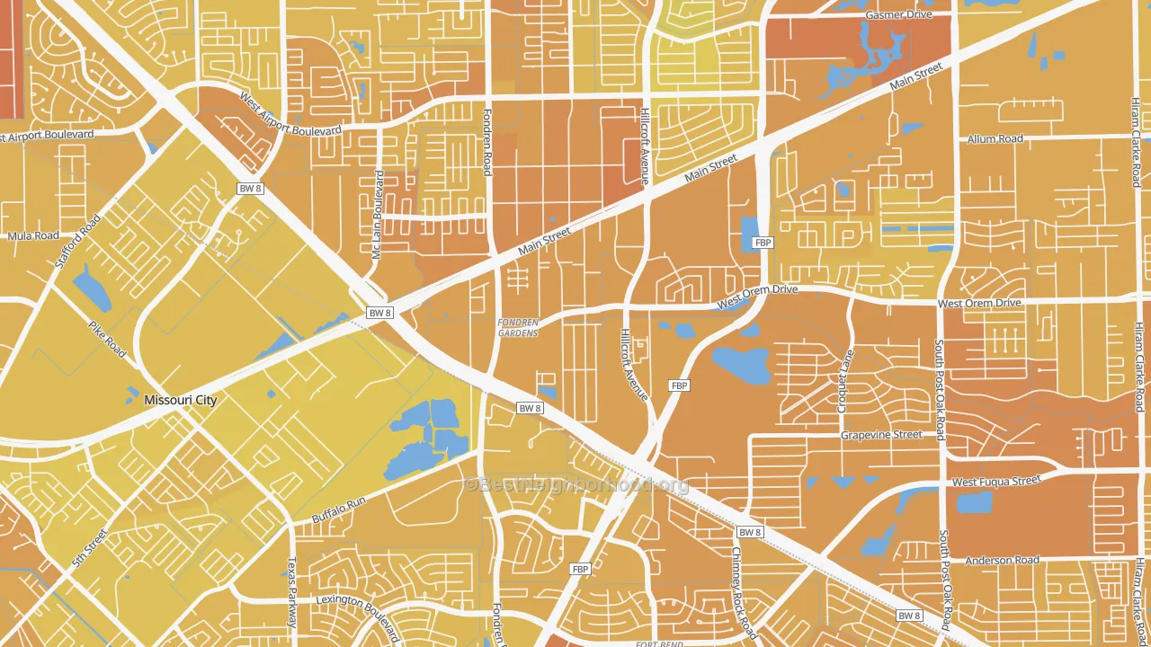 Map of the best neighborhoods in the Fondren Gardens, Houston area, with better matches in green and worse matches in red