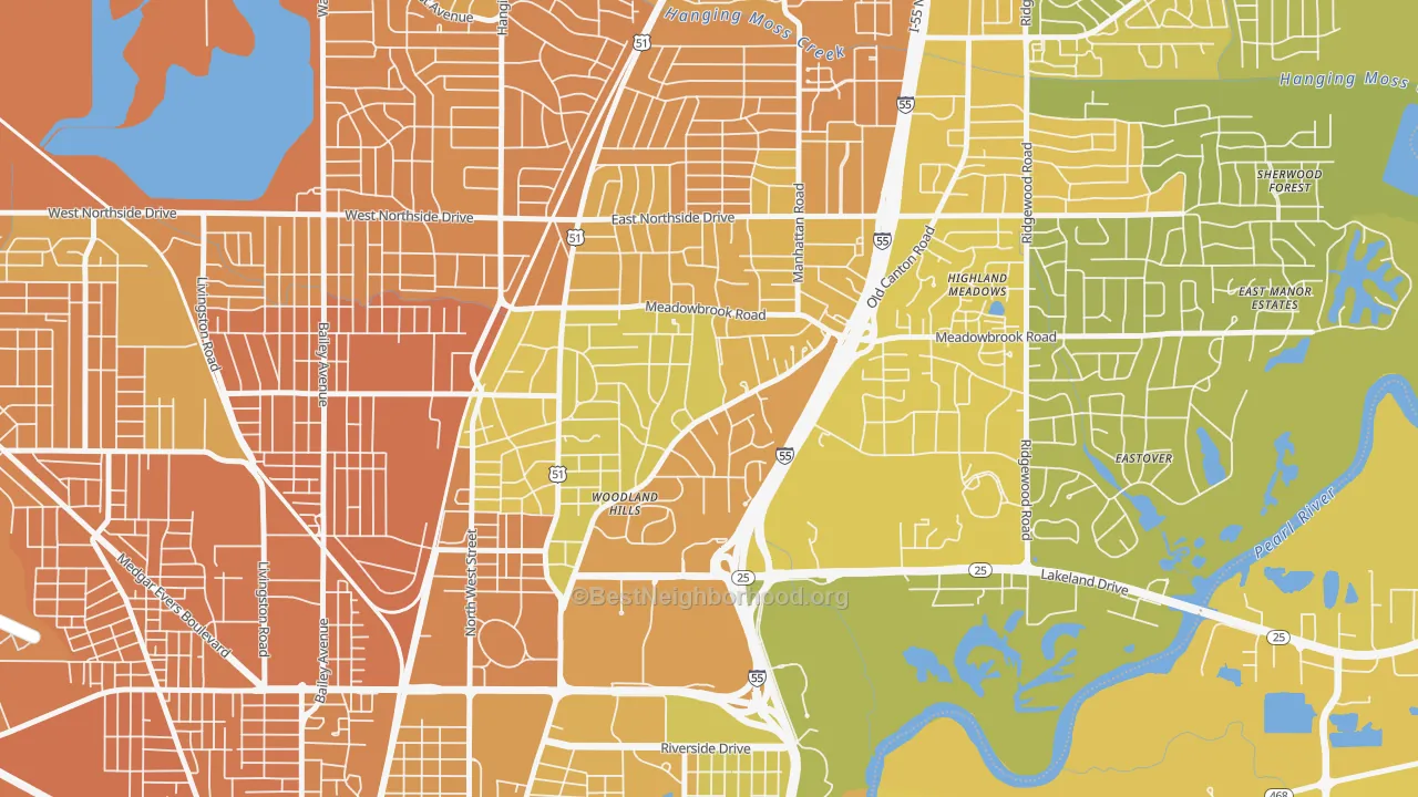 Map of the best neighborhoods in the Fondren North Renaissance, Jackson area, with better matches in green and worse matches in red