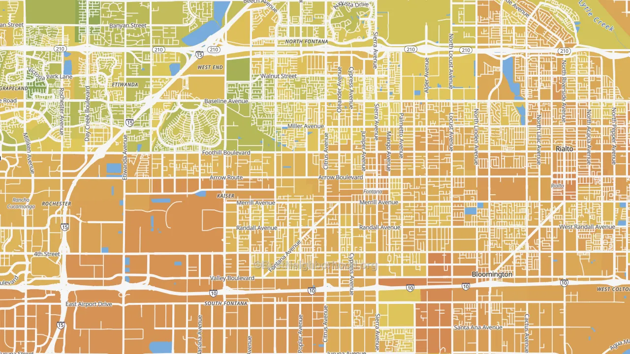Map of the best neighborhoods in the Fontana area, with better matches in green and worse matches in red