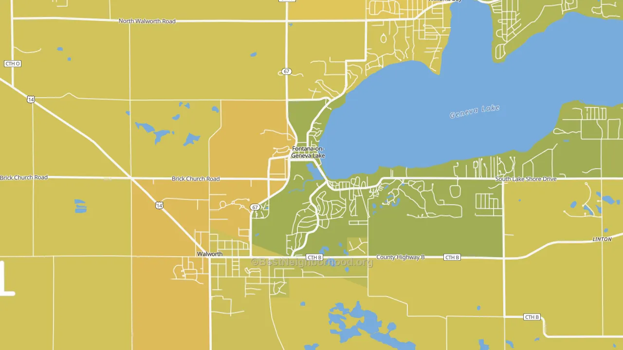 Map of the best neighborhoods in the Fontana-on-Geneva Lake area, with better matches in green and worse matches in red