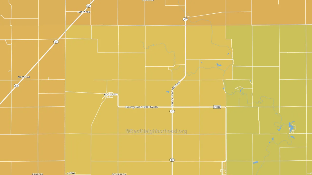 Map of the best neighborhoods in the Foosland area, with better matches in green and worse matches in red