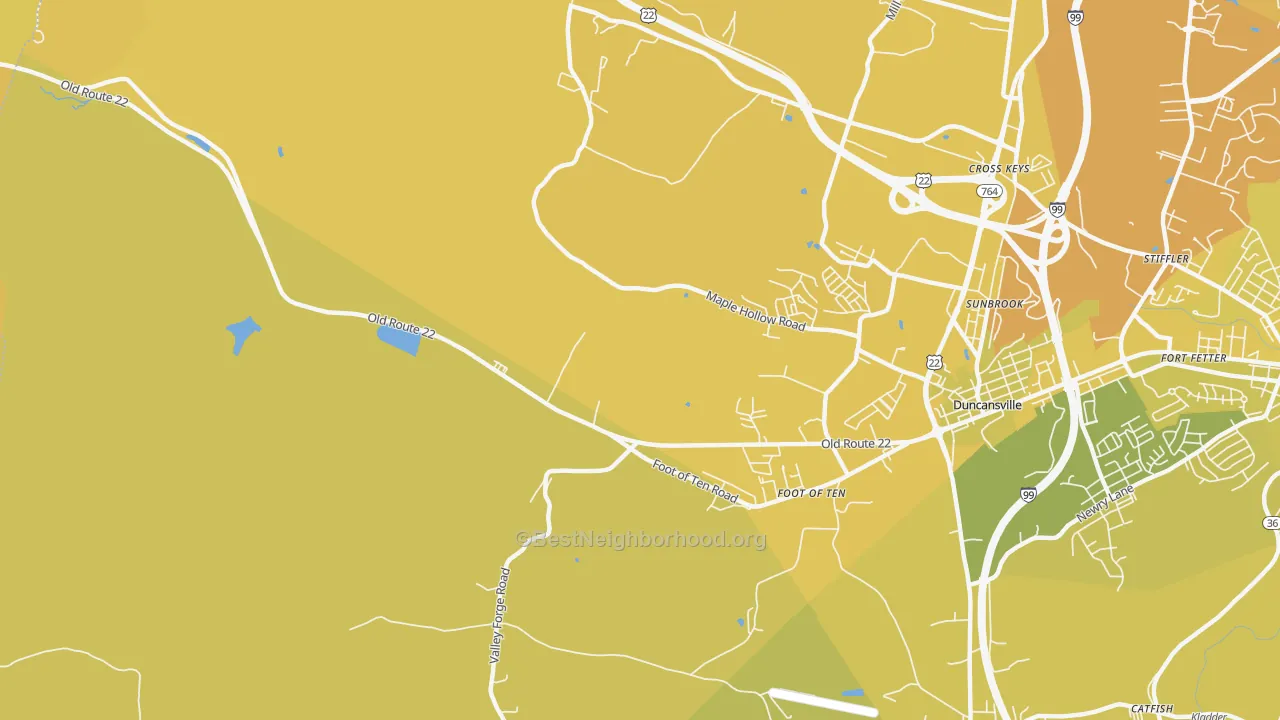 Map of the best neighborhoods in the Foot of Ten area, with better matches in green and worse matches in red