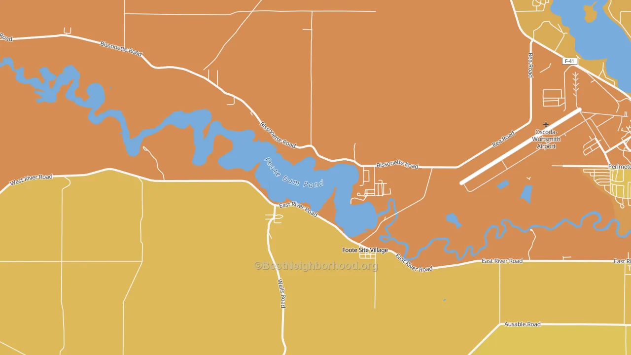 Map of the best neighborhoods in the Foote Site Village area, with better matches in green and worse matches in red