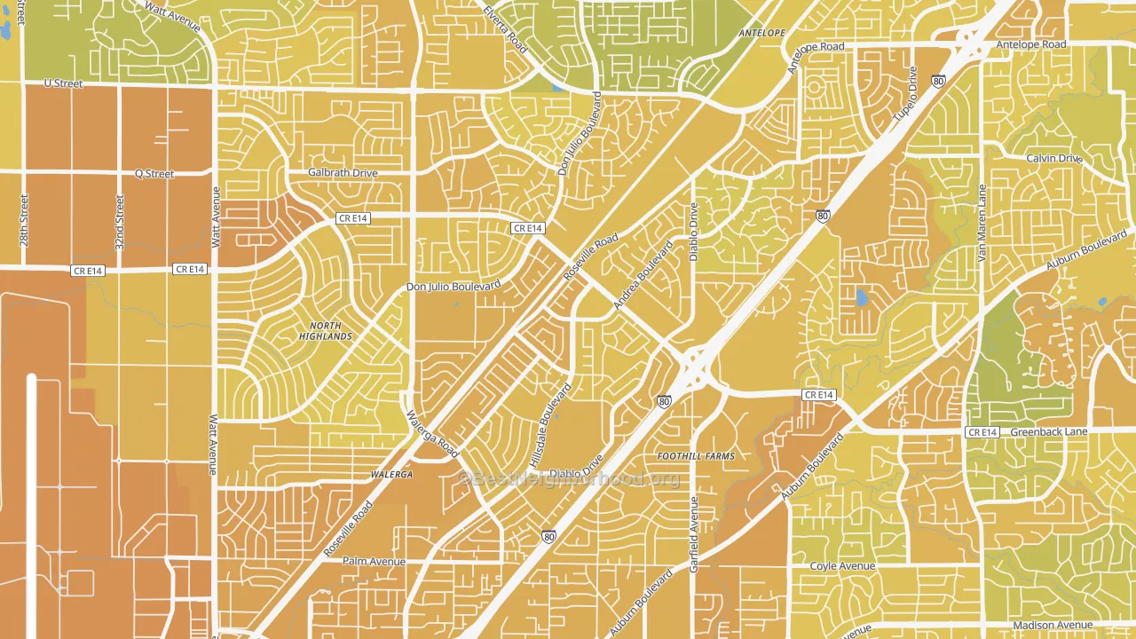 Map of the best neighborhoods in the Foothill Farms area, with better matches in green and worse matches in red