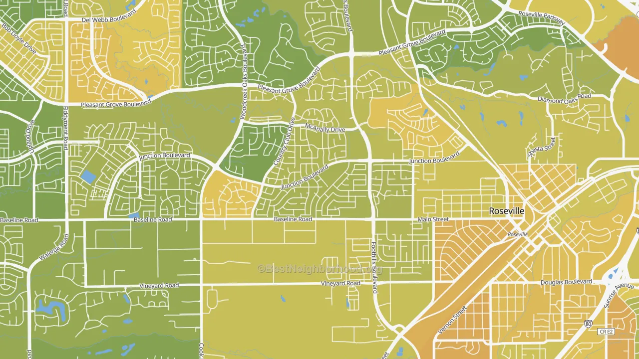 Map of the best neighborhoods in the Foothill Junction, Roseville area, with better matches in green and worse matches in red
