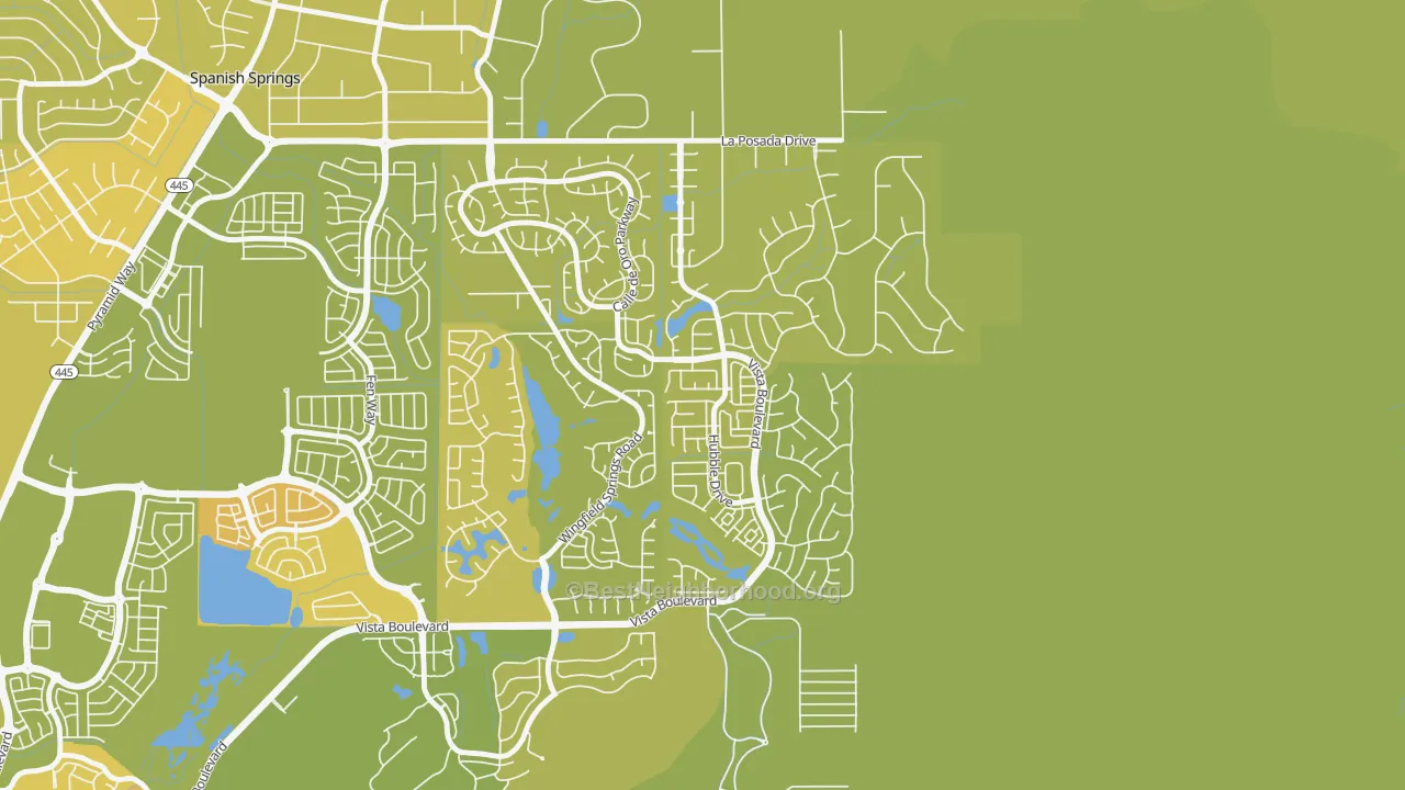 Map of the best neighborhoods in the Foothill Meadows, Sparks area, with better matches in green and worse matches in red