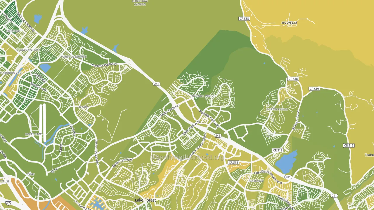 Map of the best neighborhoods in the Foothill Ranch area, with better matches in green and worse matches in red