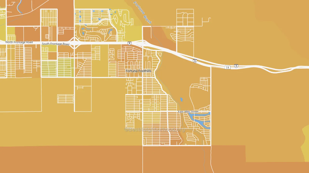 Map of the best neighborhoods in the Foothills, Fortuna Foothills area, with better matches in green and worse matches in red