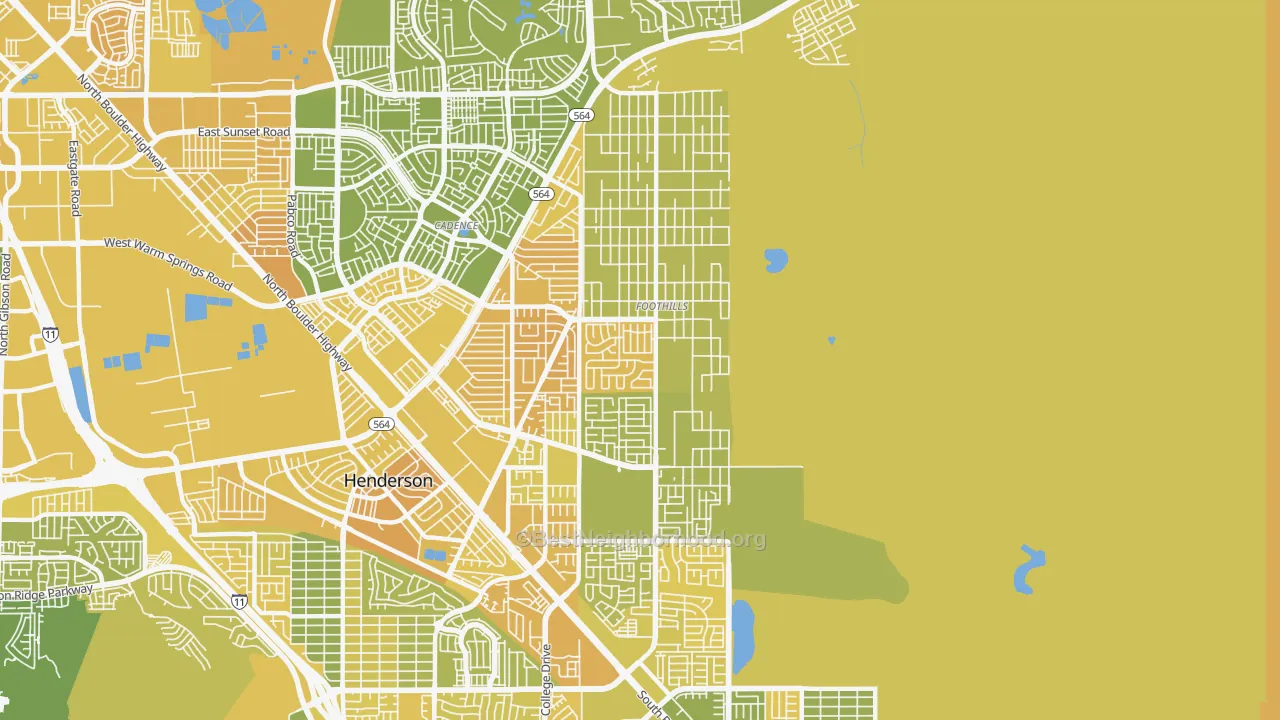 Map of the best neighborhoods in the Foothills, Henderson area, with better matches in green and worse matches in red