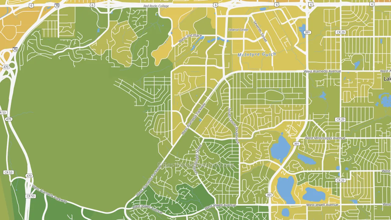Map of the best neighborhoods in the Foothills, Lakewood area, with better matches in green and worse matches in red