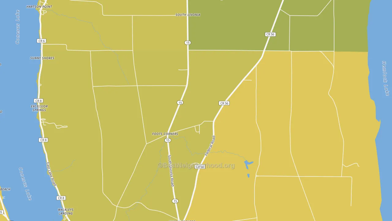 Map of the best neighborhoods in the Foots Corners area, with better matches in green and worse matches in red