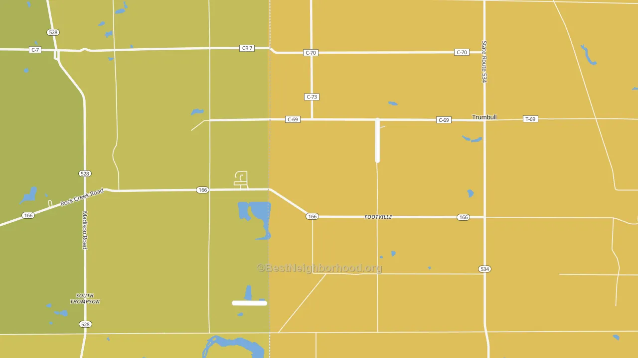 Map of the best neighborhoods in the Footville area, with better matches in green and worse matches in red
