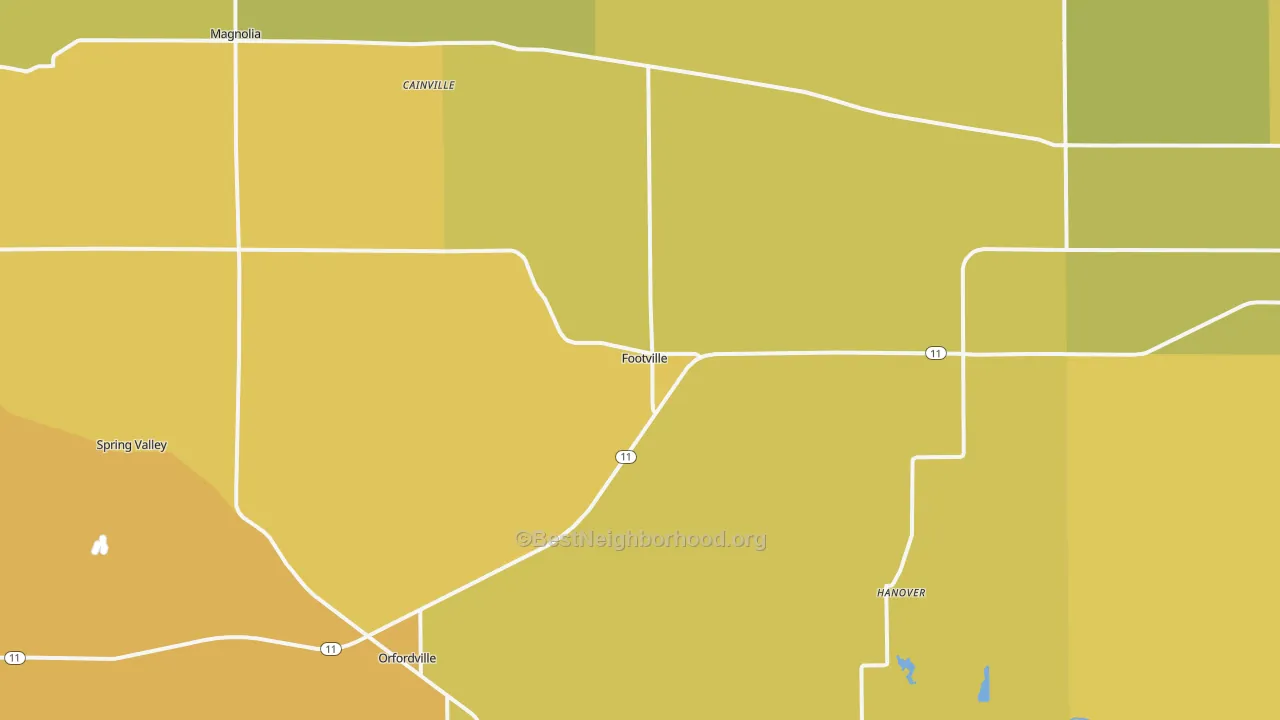 Map of the best neighborhoods in the Footville area, with better matches in green and worse matches in red