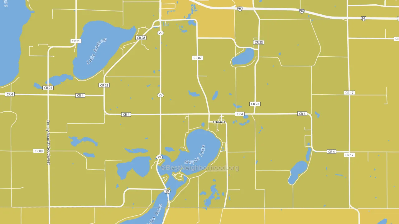 Map of the best neighborhoods in the Forada area, with better matches in green and worse matches in red