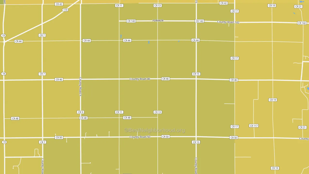 Map of the best neighborhoods in the Foraker area, with better matches in green and worse matches in red