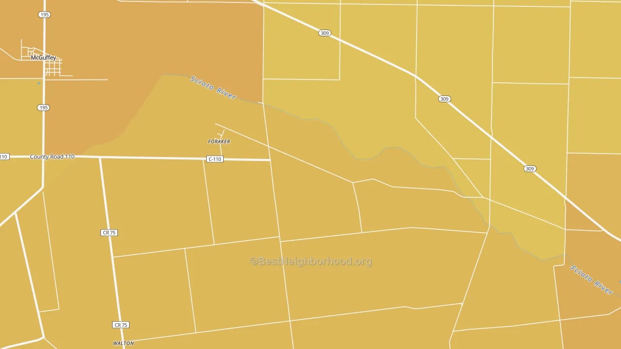 Map of the best neighborhoods in the Foraker area, with better matches in green and worse matches in red