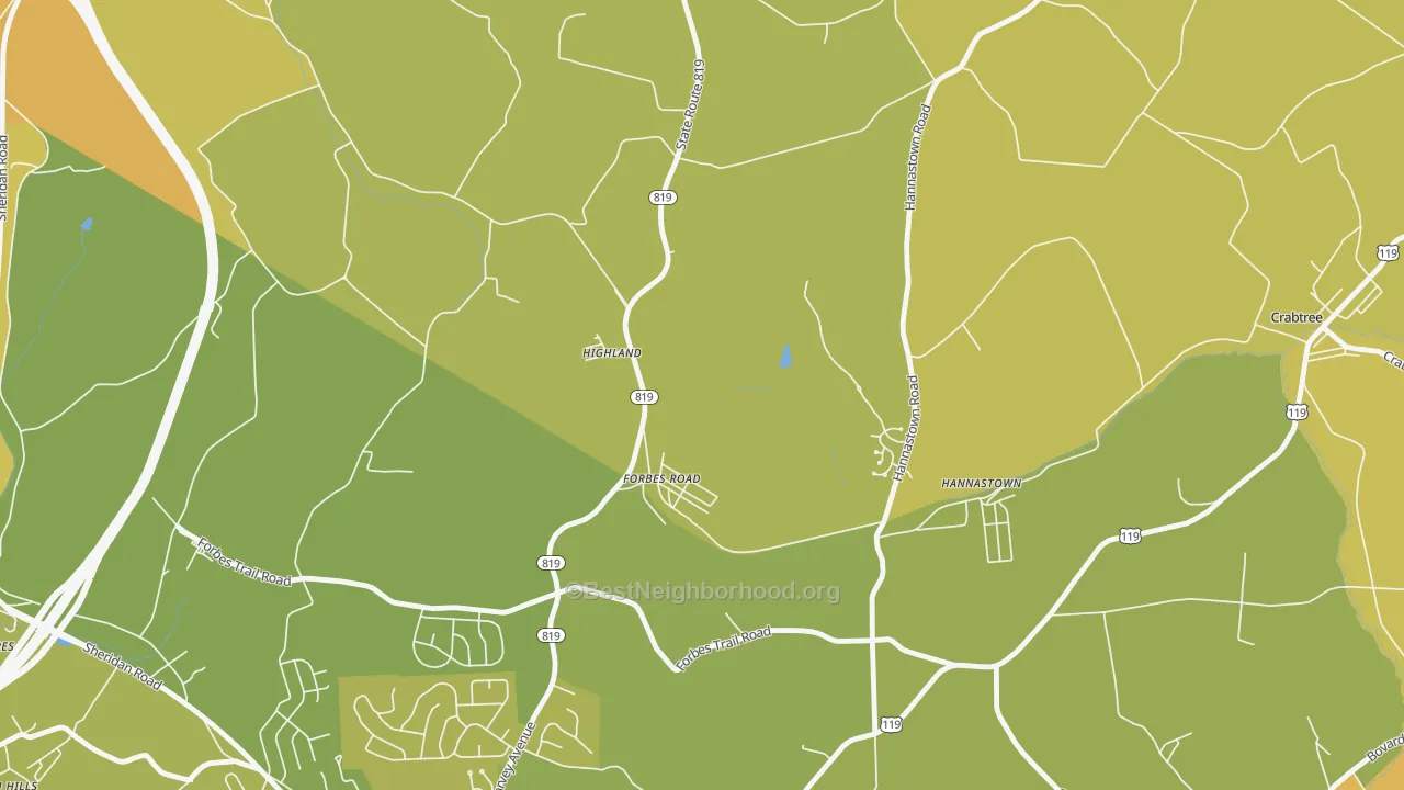 Map of the best neighborhoods in the Forbes Road area, with better matches in green and worse matches in red