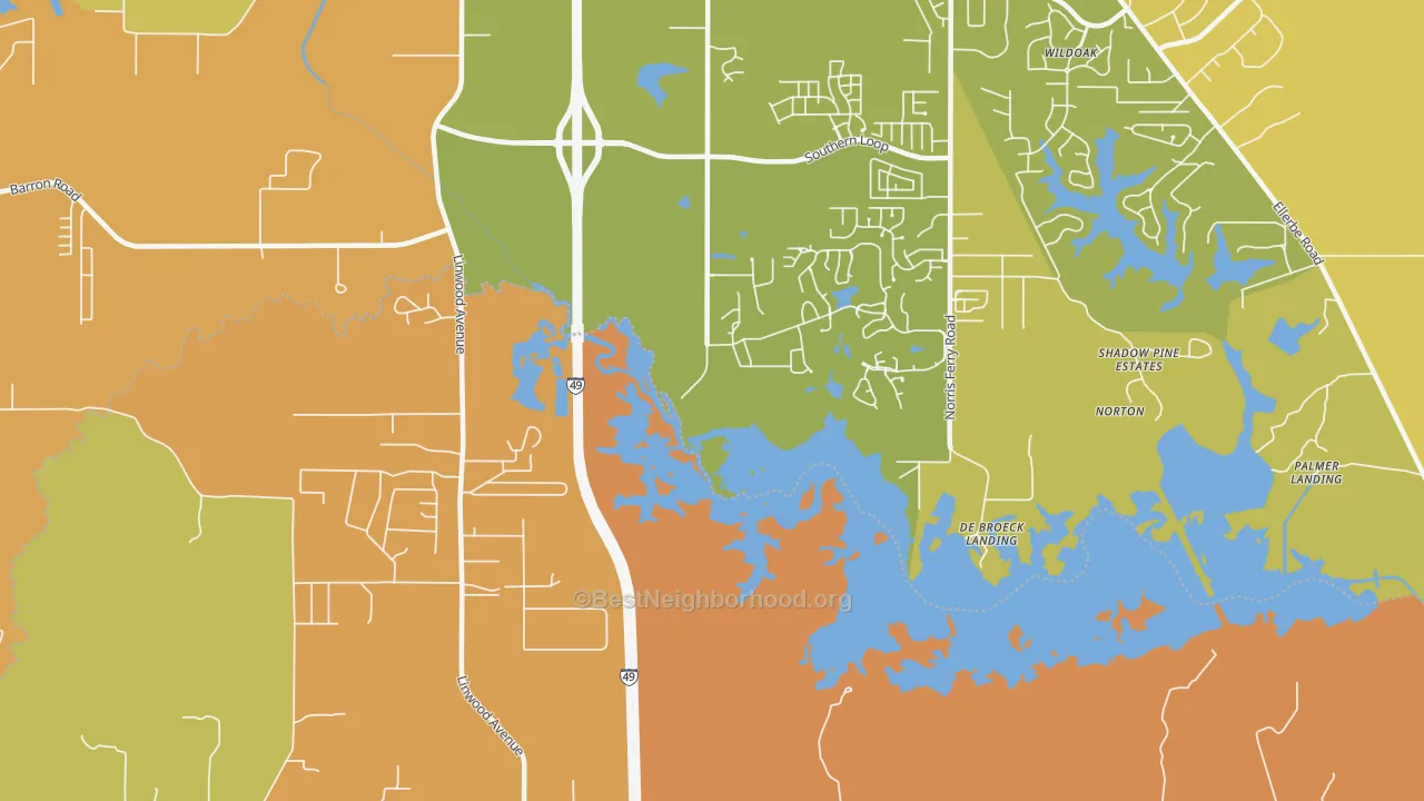 Map of the best neighborhoods in the Forbing area, with better matches in green and worse matches in red