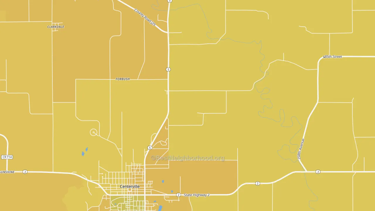 Map of the best neighborhoods in the Forbush area, with better matches in green and worse matches in red