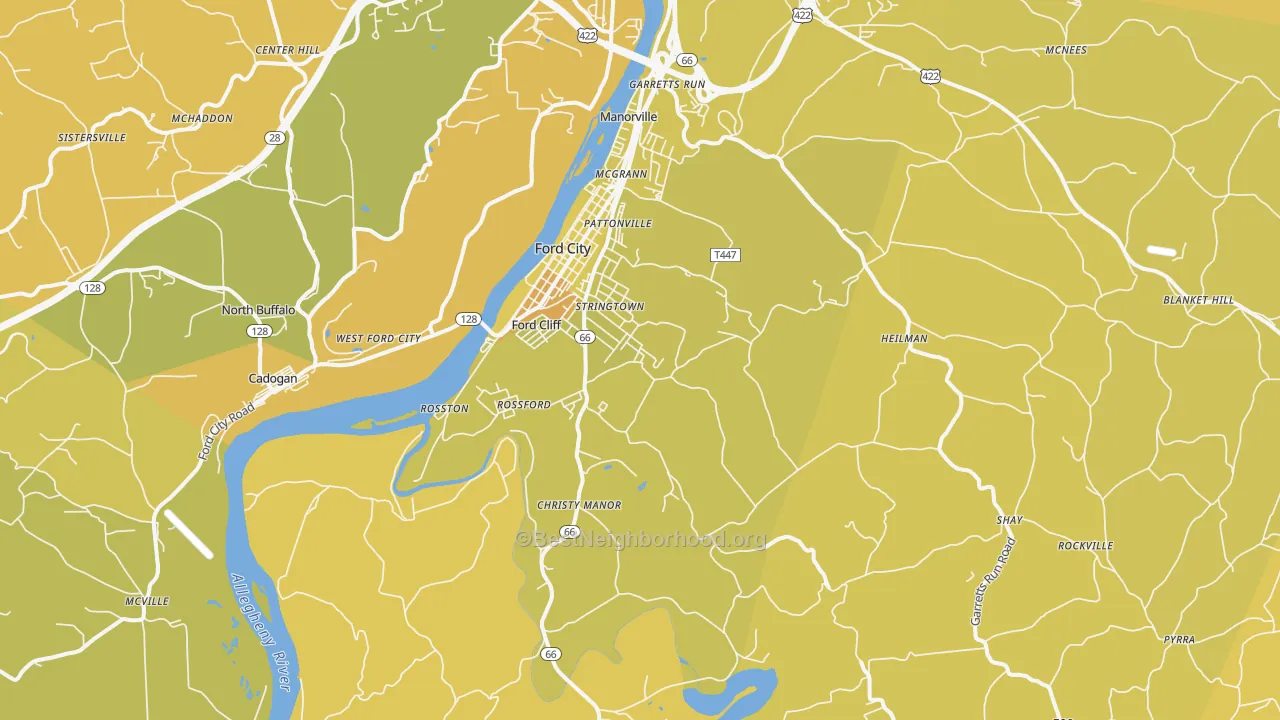 Map of the best neighborhoods in the Ford City area, with better matches in green and worse matches in red