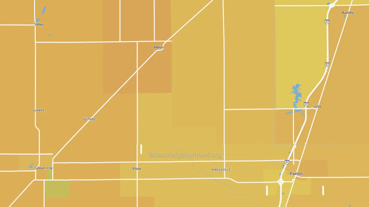 Map of the best neighborhoods in the Ford County area, with better matches in green and worse matches in red
