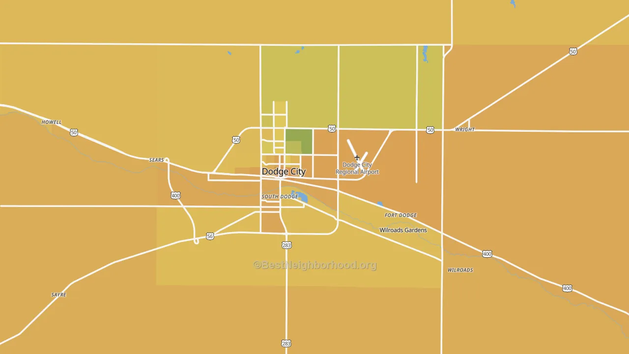 Map of the best neighborhoods in the Ford County area, with better matches in green and worse matches in red