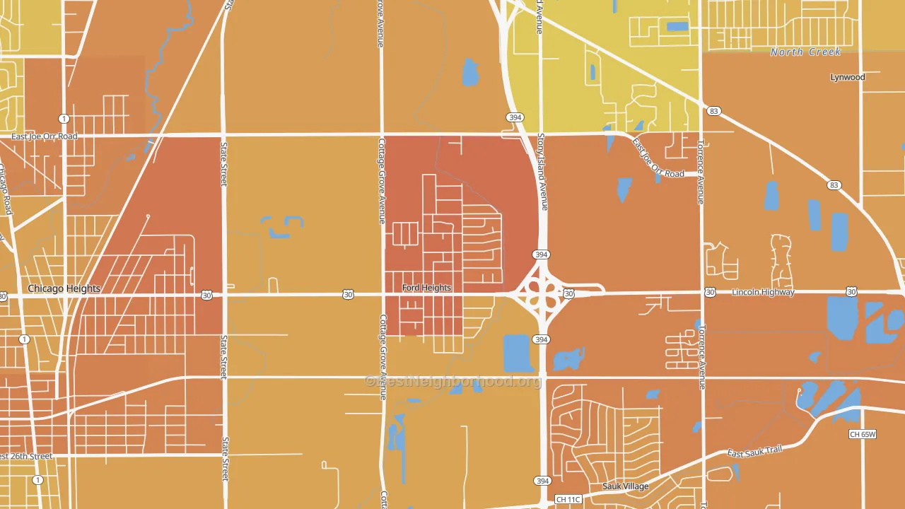 Map of the best neighborhoods in the Ford Heights area, with better matches in green and worse matches in red