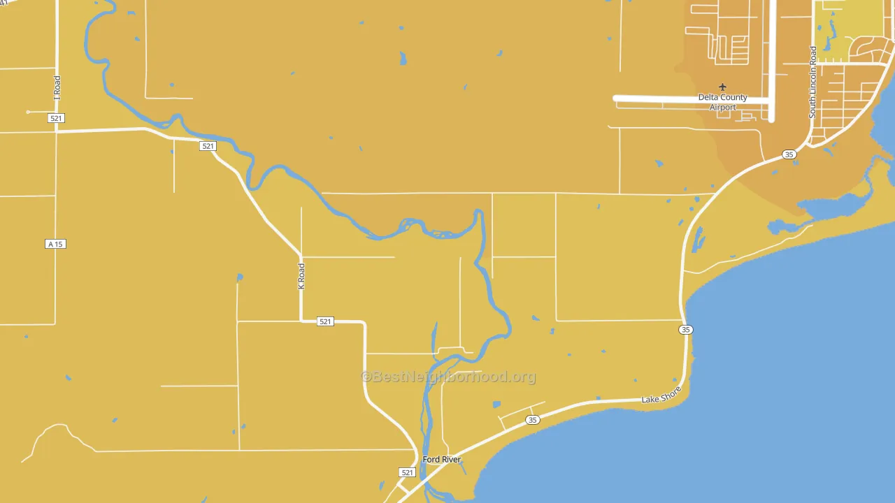 Map of the best neighborhoods in the Ford River area, with better matches in green and worse matches in red