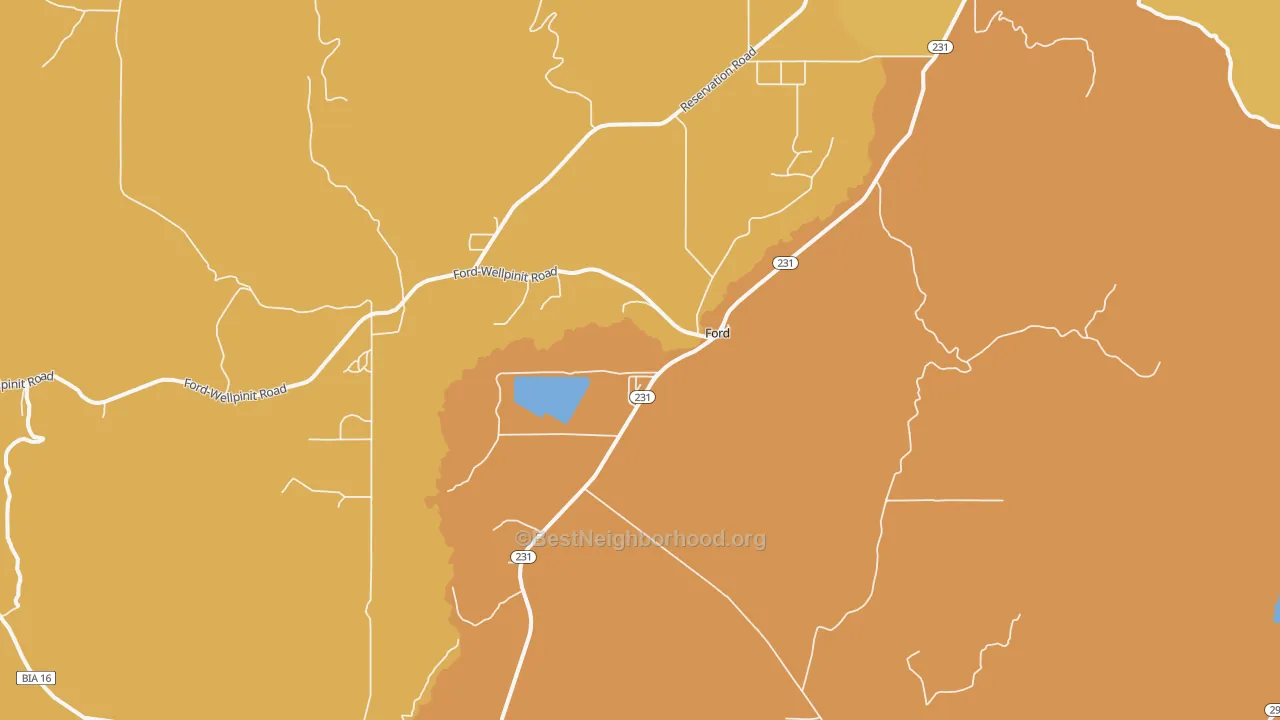 Map of the best neighborhoods in the Ford area, with better matches in green and worse matches in red