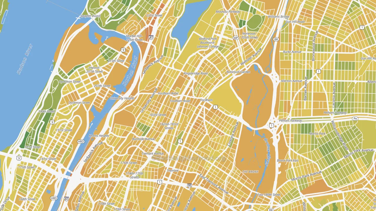 Map of the best neighborhoods in the Fordham, Bronx area, with better matches in green and worse matches in red