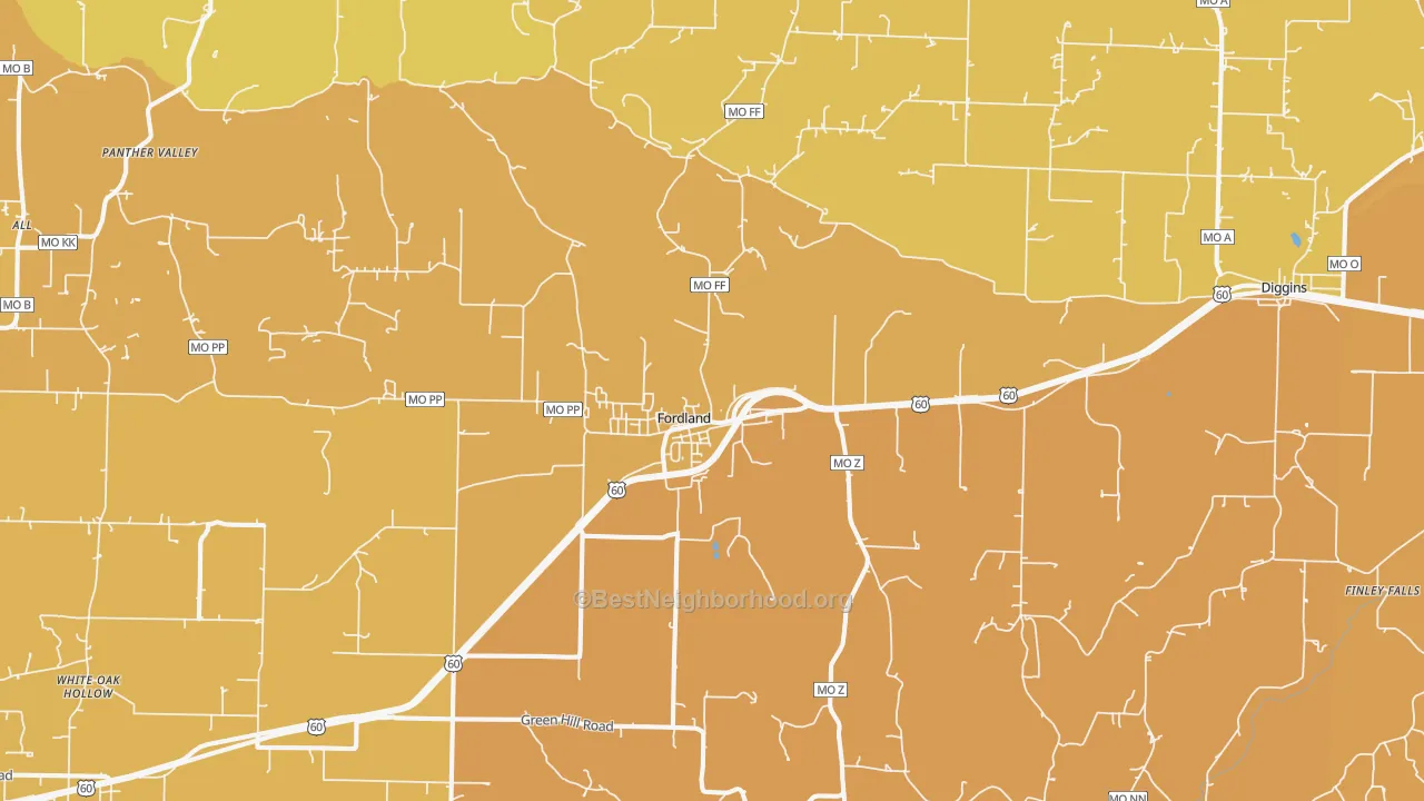 Map of the best neighborhoods in the Fordland area, with better matches in green and worse matches in red