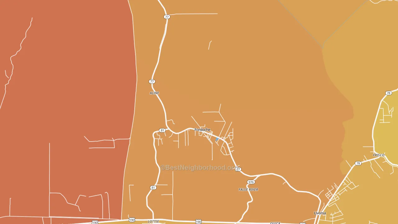 Map of the best neighborhoods in the Fordoche area, with better matches in green and worse matches in red