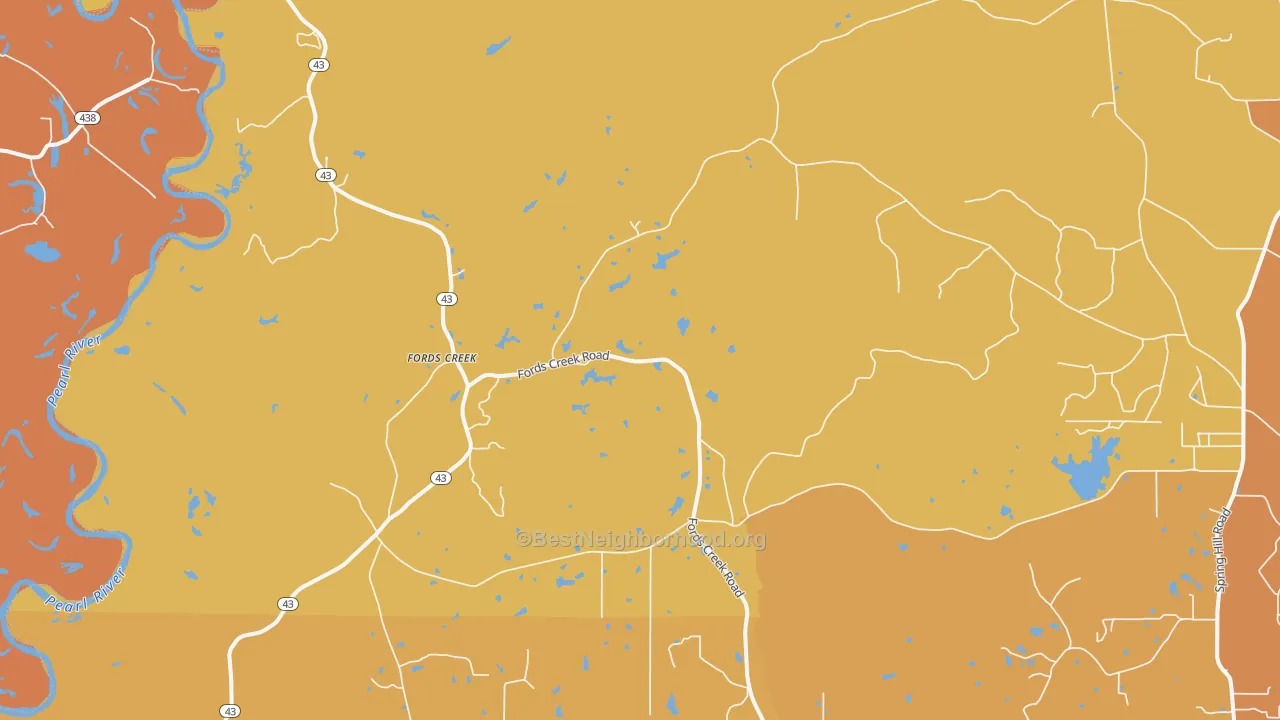 Map of the best neighborhoods in the Fords Creek area, with better matches in green and worse matches in red