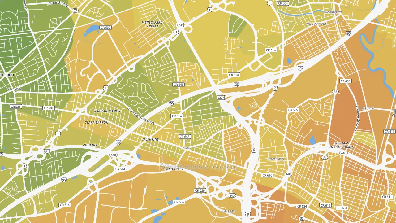 Map of the best neighborhoods in the Fords area, with better matches in green and worse matches in red