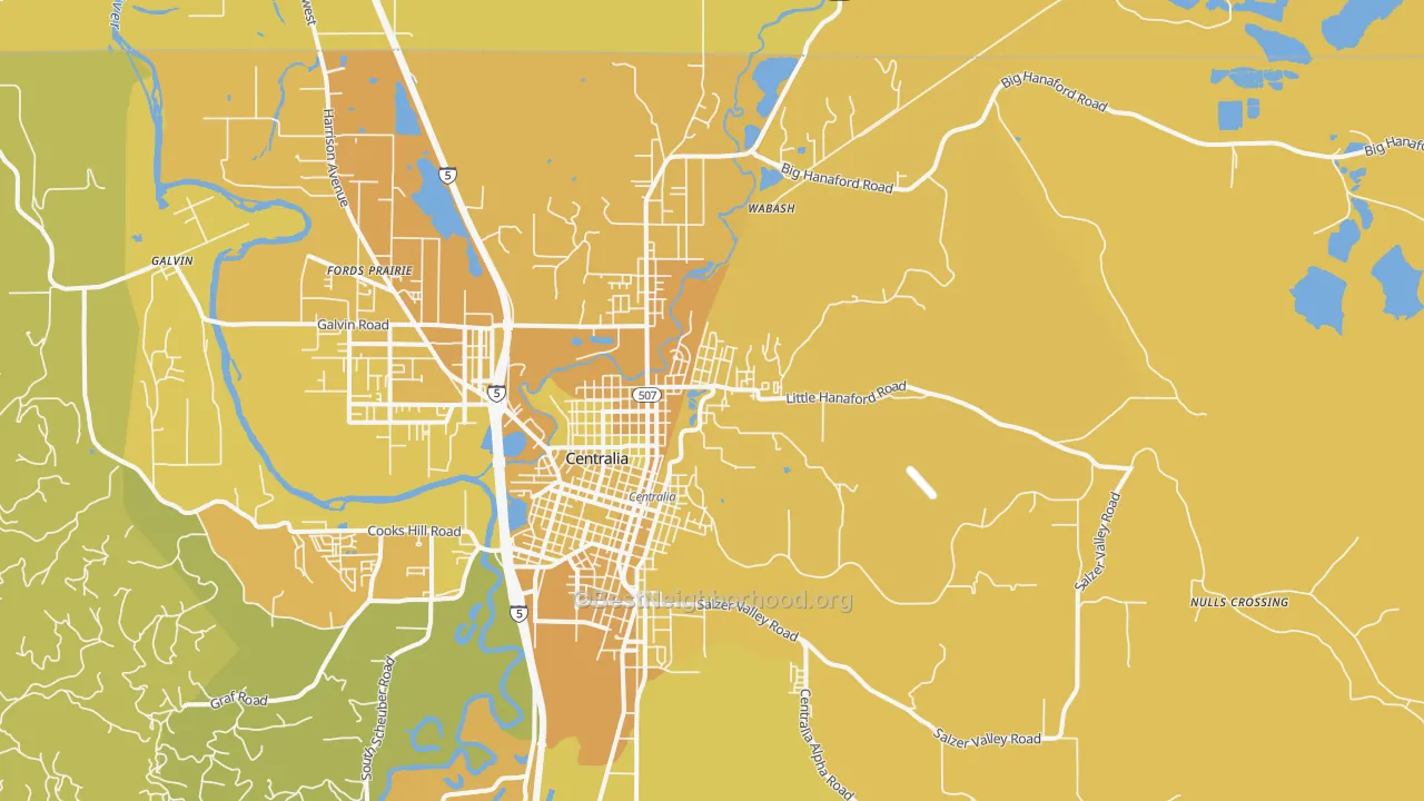 Map of the best neighborhoods in the Fords Prairie area, with better matches in green and worse matches in red