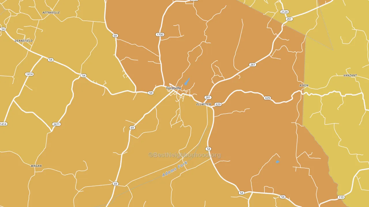 Map of the best neighborhoods in the Fordsville area, with better matches in green and worse matches in red