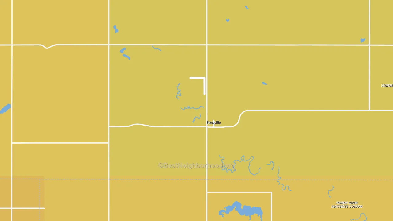 Map of the best neighborhoods in the Fordville area, with better matches in green and worse matches in red