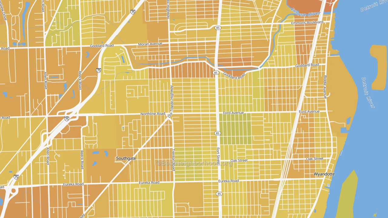 Map of the best neighborhoods in the Fordville, Southgate area, with better matches in green and worse matches in red