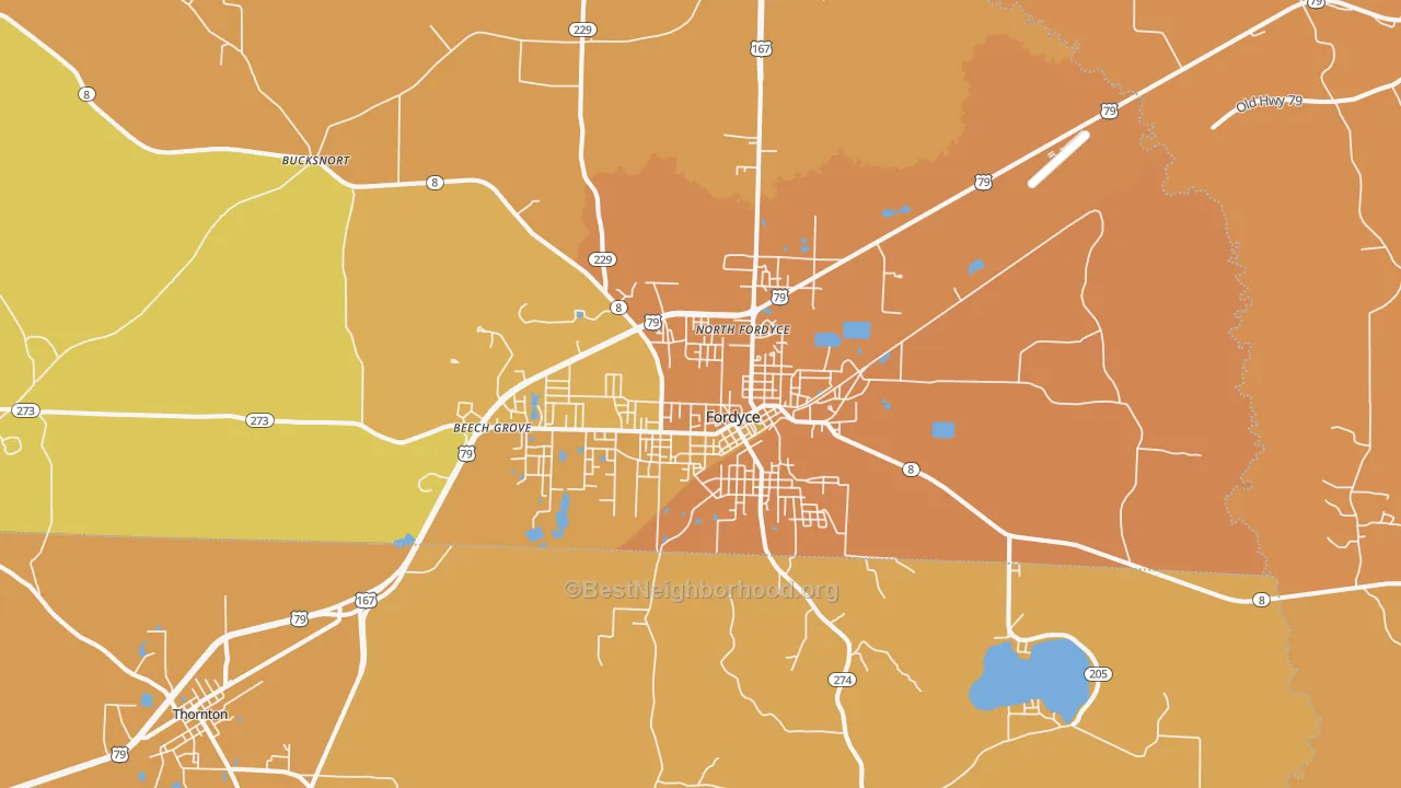 Map of the best neighborhoods in the Fordyce area, with better matches in green and worse matches in red