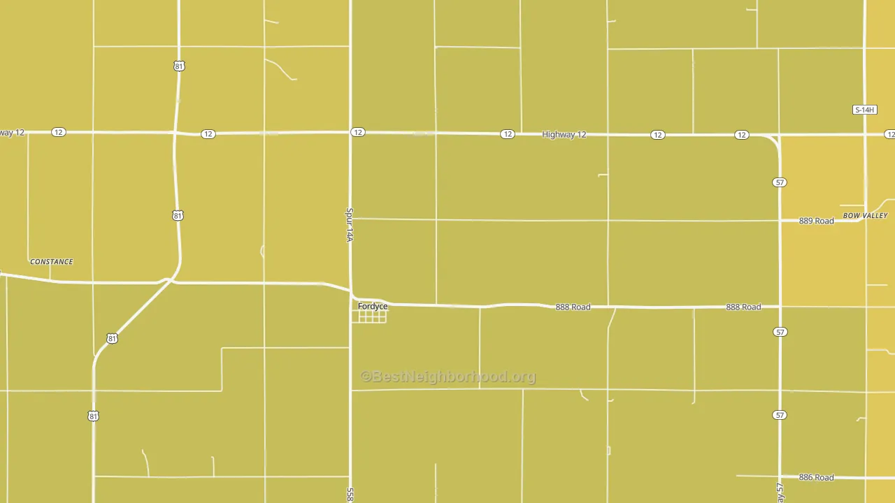 Map of the best neighborhoods in the Fordyce area, with better matches in green and worse matches in red