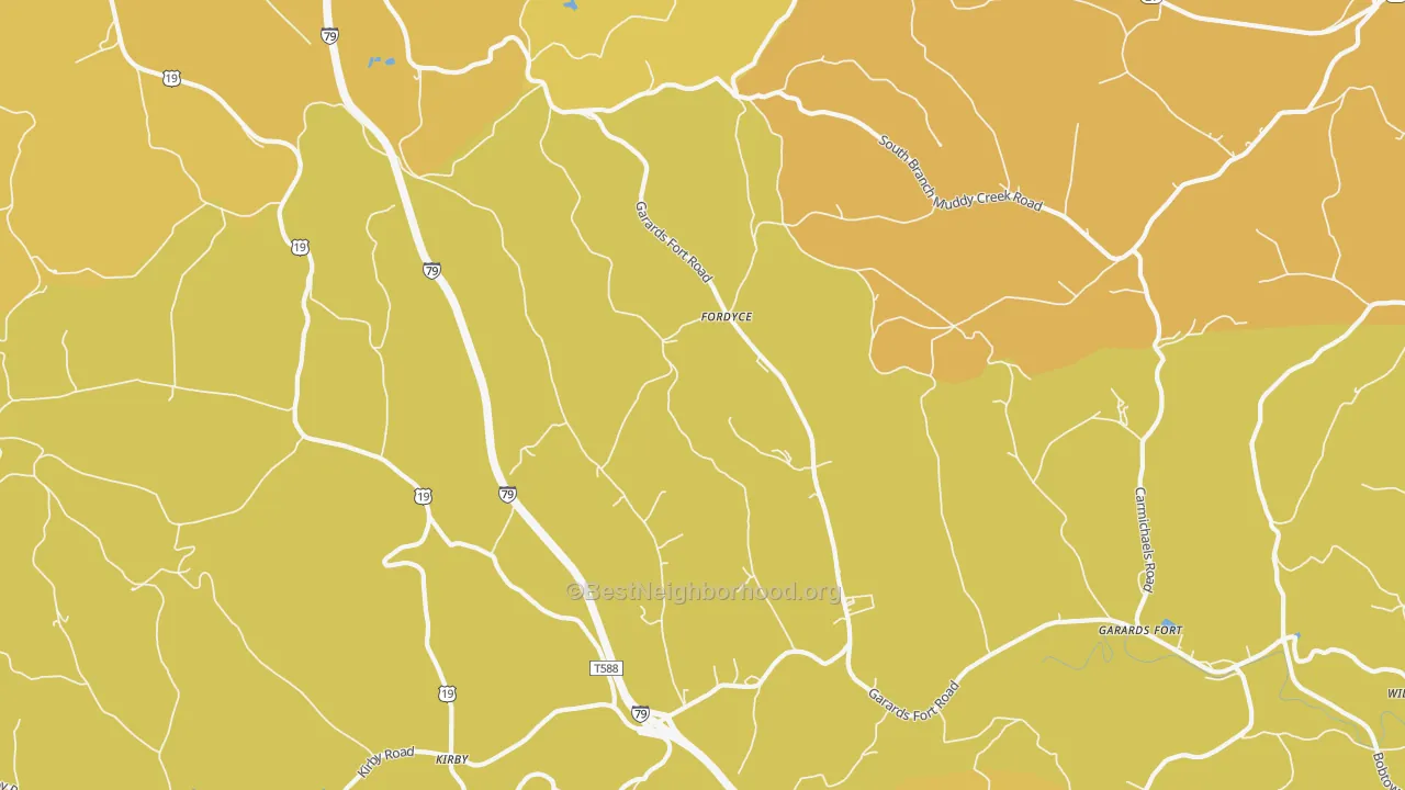 Map of the best neighborhoods in the Fordyce area, with better matches in green and worse matches in red
