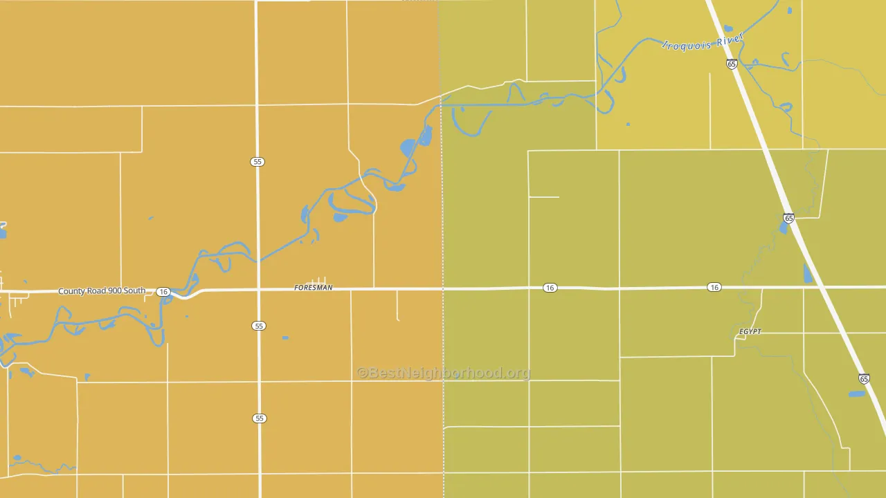 Map of the best neighborhoods in the Foresman area, with better matches in green and worse matches in red
